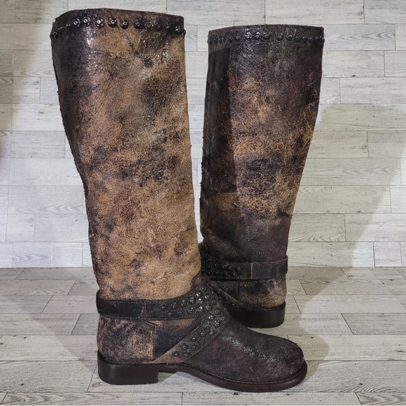 Women's Frye Jenna Western Brown Leather Moto Tall Riding Engineer Boots Sz 6.5 - Picture 6 of 9